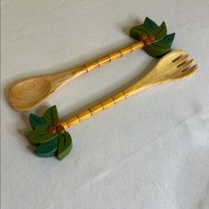 Bamboo Hand Carved Salad Serving Spoons Tropical Coconut Palm Tree Design.